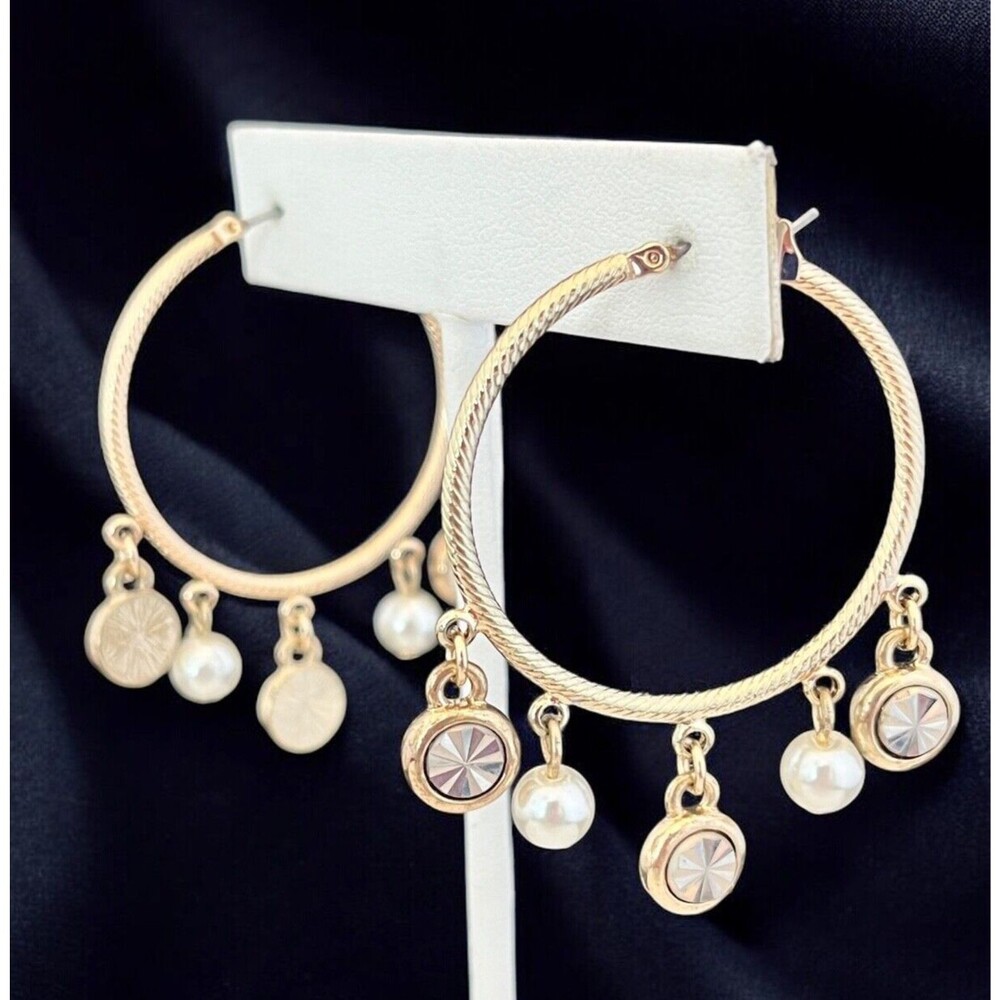 New Gold Tone Hoop Earrings Simulated Pearl Two Tone - 9Y